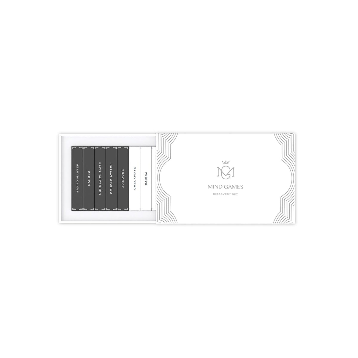 Mind Games 10-piece discovery box with premium perfume samples, ideal for scent exploration.