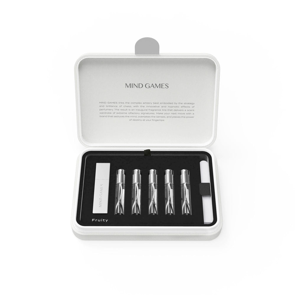 Mind Games Fruity Discovery Set opened to reveal five designer fragrances for versatile daily wear