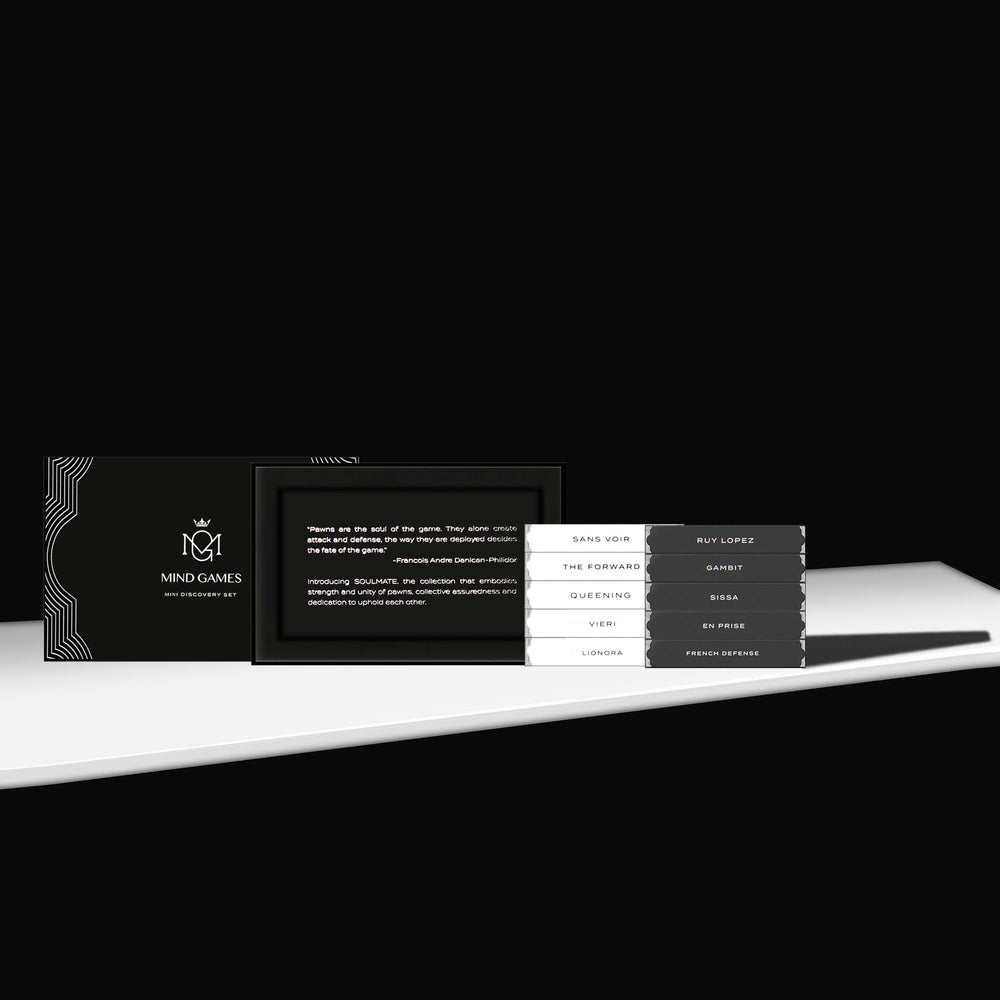 Mind Games luxury packaging enhances display on a personal fragrance shelf