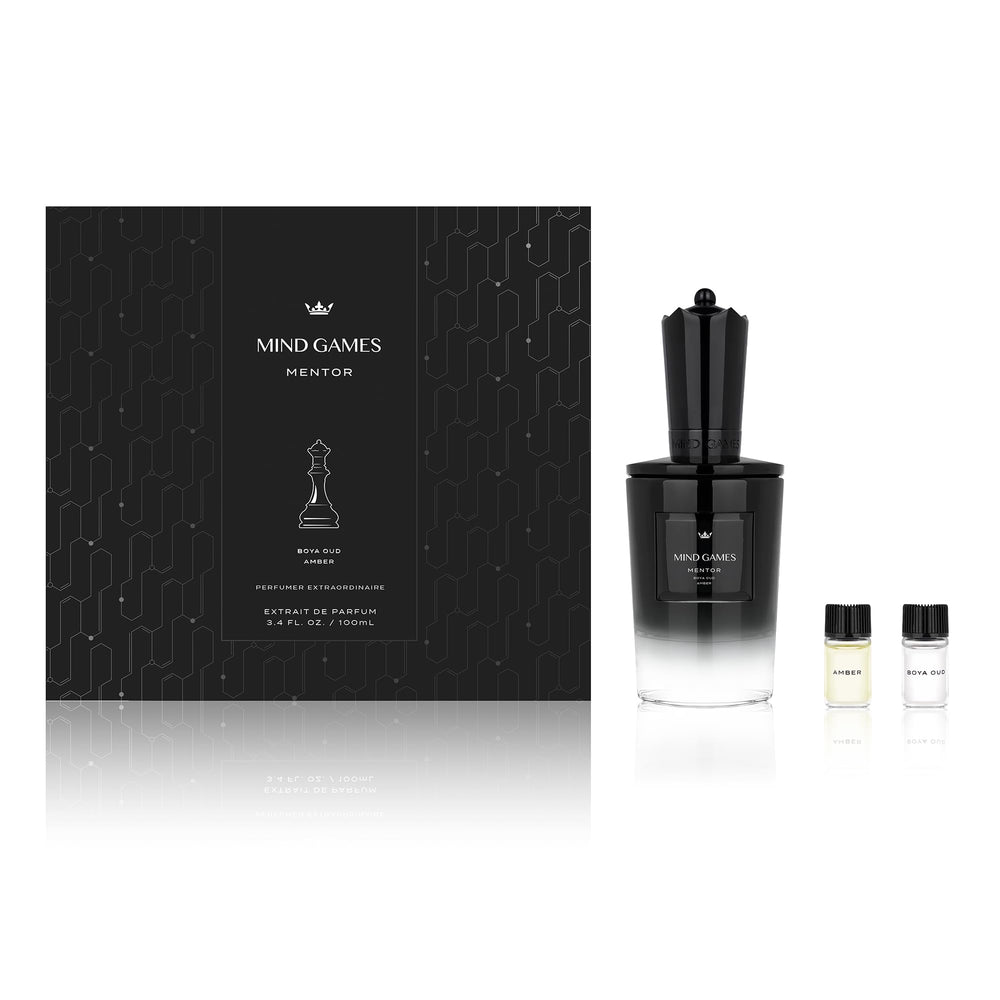 Mind Games Mentor amber coffee note highlights depth in scent.