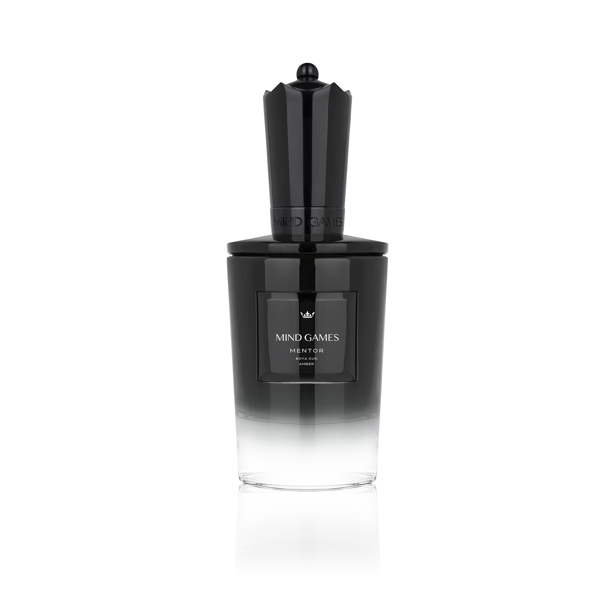 Mind Games Mentor bottle front, bold gourmand presence for evening wear.