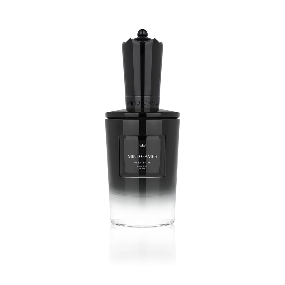 Mind Games Mentor bottle front, bold gourmand presence for evening wear.
