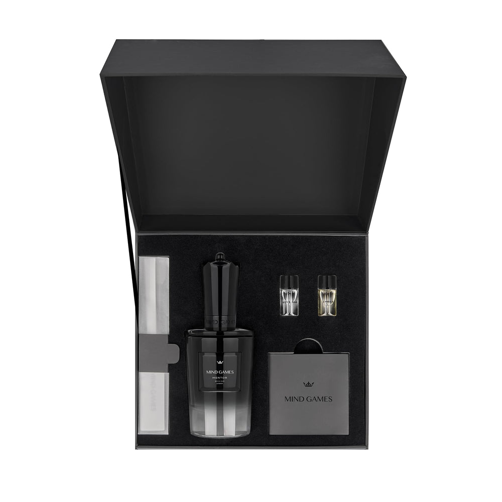 Mind Games Mentor box and bottle, premium packaging for gifting.