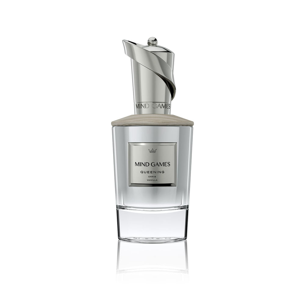 Mind Games Queening bottle closeup highlighting premium craftsmanship for luxury fragrance.