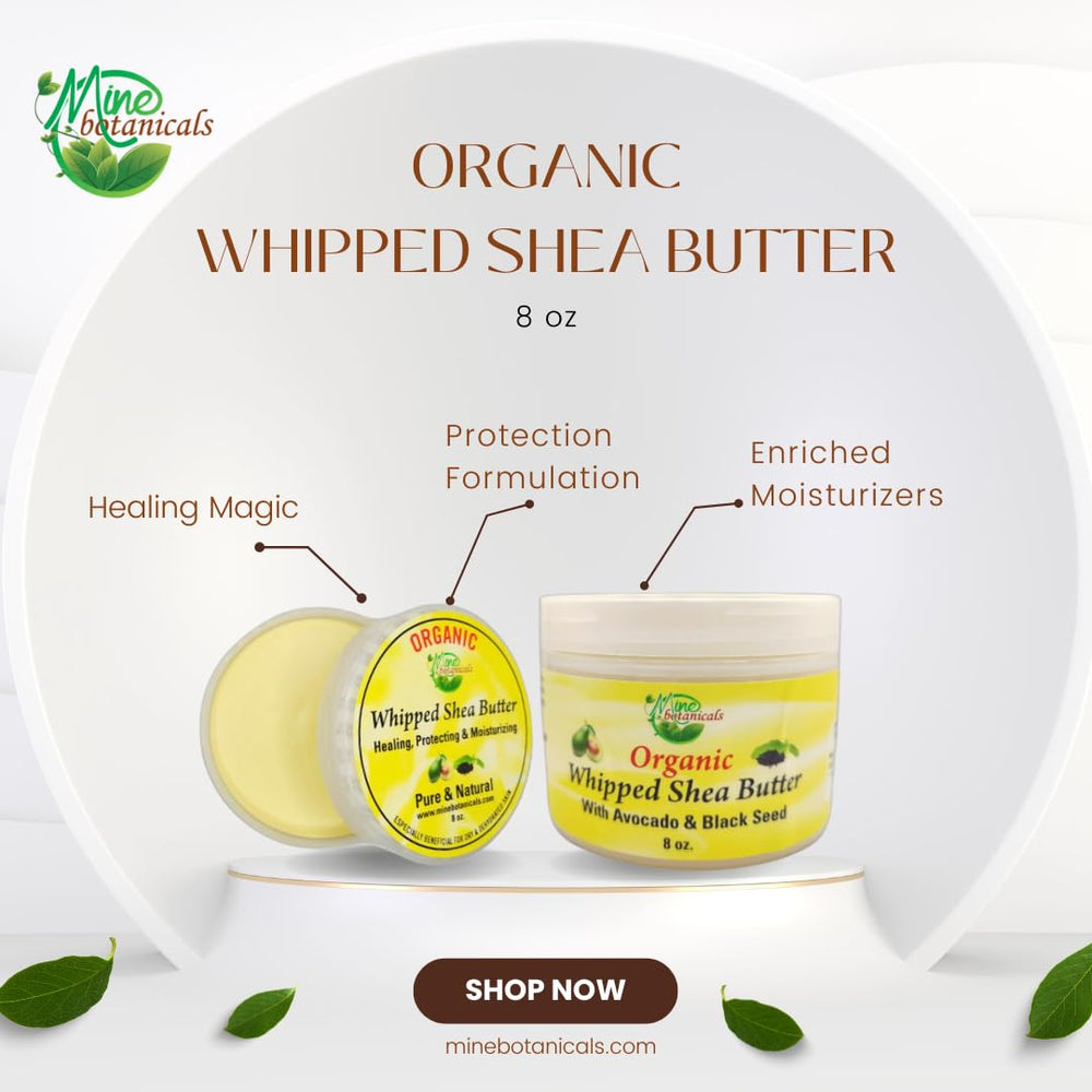 Mine Botanicals organic shea butter packaging highlights eco-friendly container.