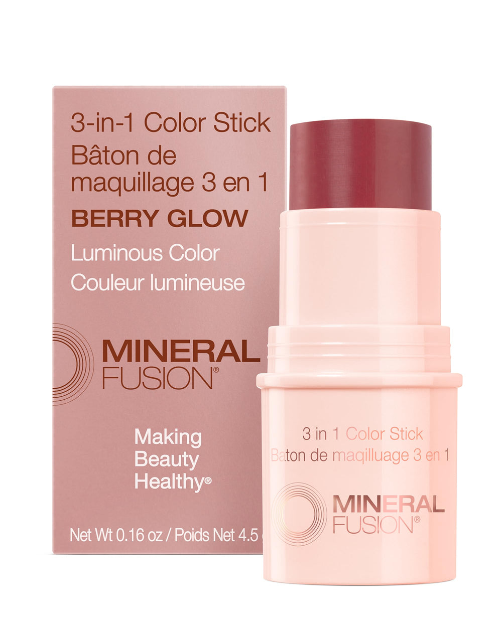 Mineral Fusion 3-in-1 Color Stick Berry Glow tube close-up for on-the-go color.