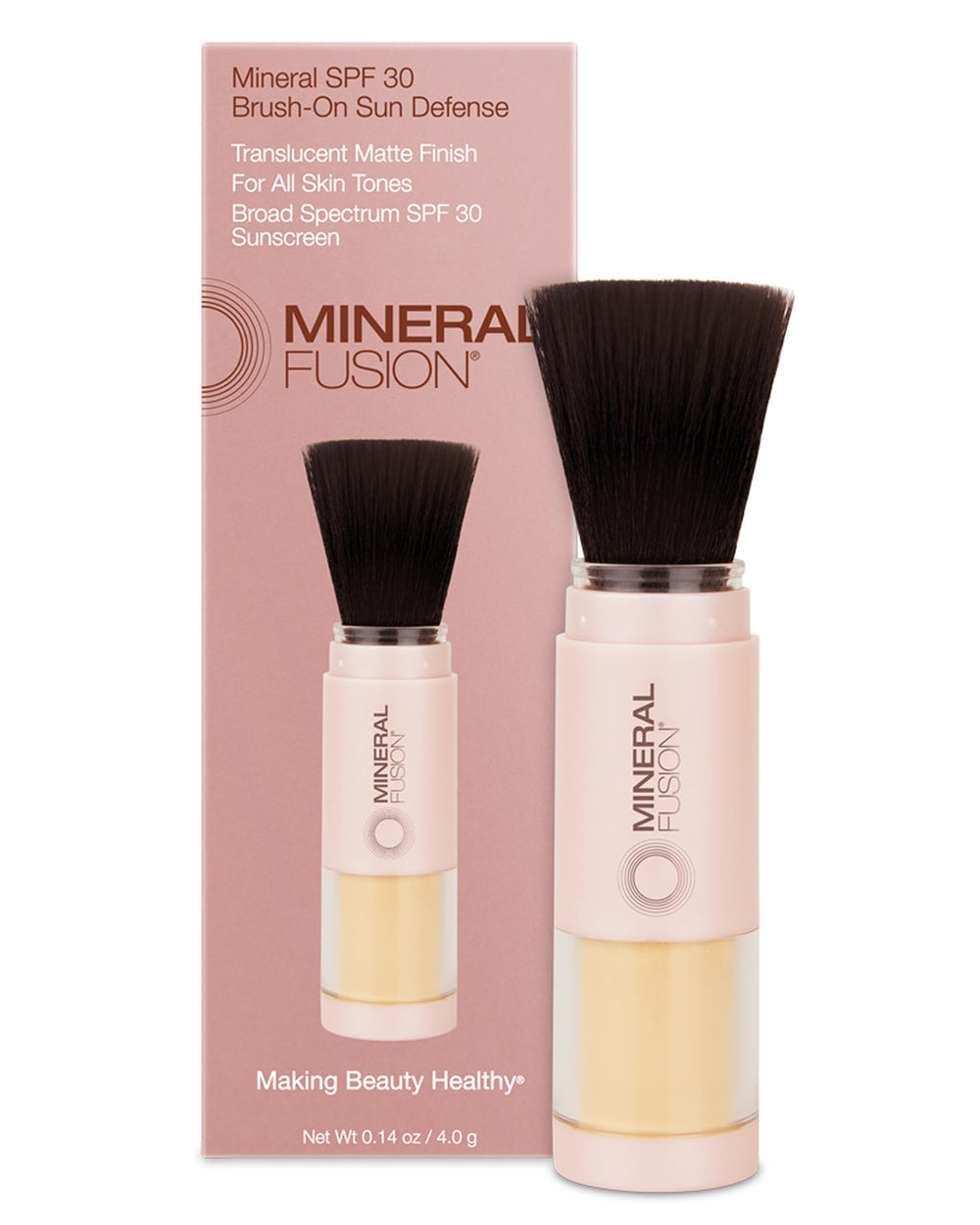 Mineral Fusion brush-on sunscreen bottle offers weightless SPF 30 protection.
