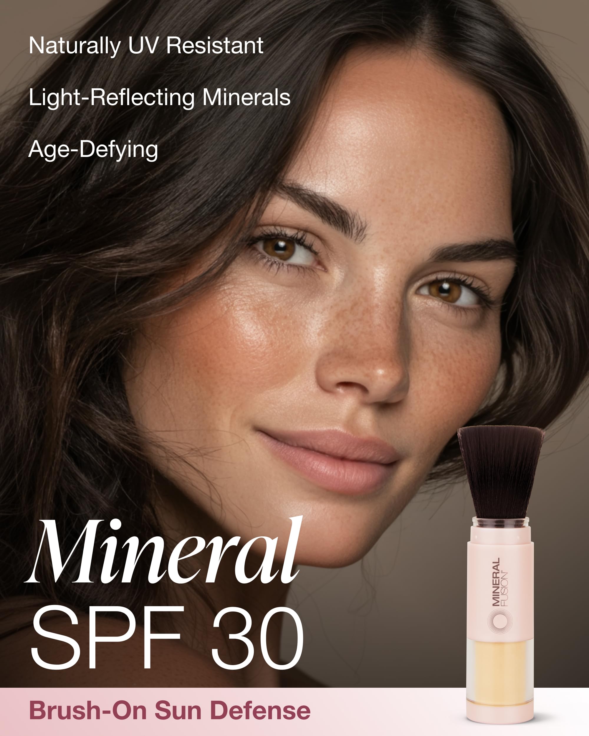 Close-up of Mineral Fusion brush-on SPF 30 application for mess-free use.