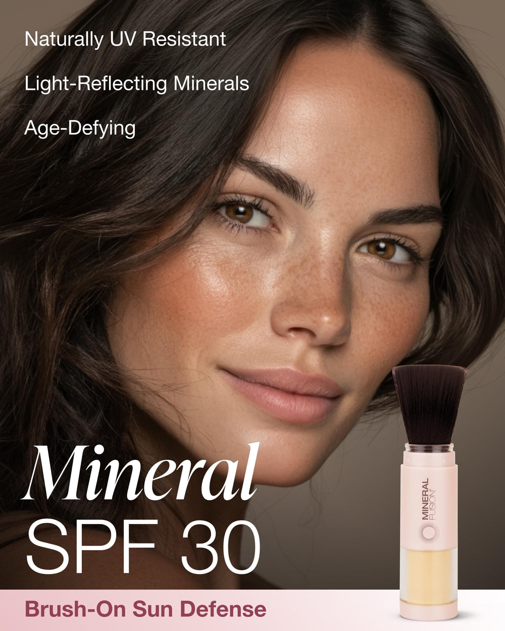 Close-up of Mineral Fusion brush-on SPF 30 application for mess-free use.