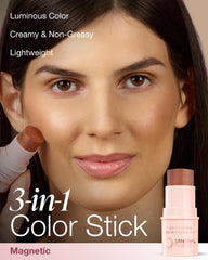 Mineral Fusion color-stick applied on cheek, lip, and eye for seamless blend.