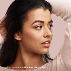 Lips display velvety color and natural-looking definition.