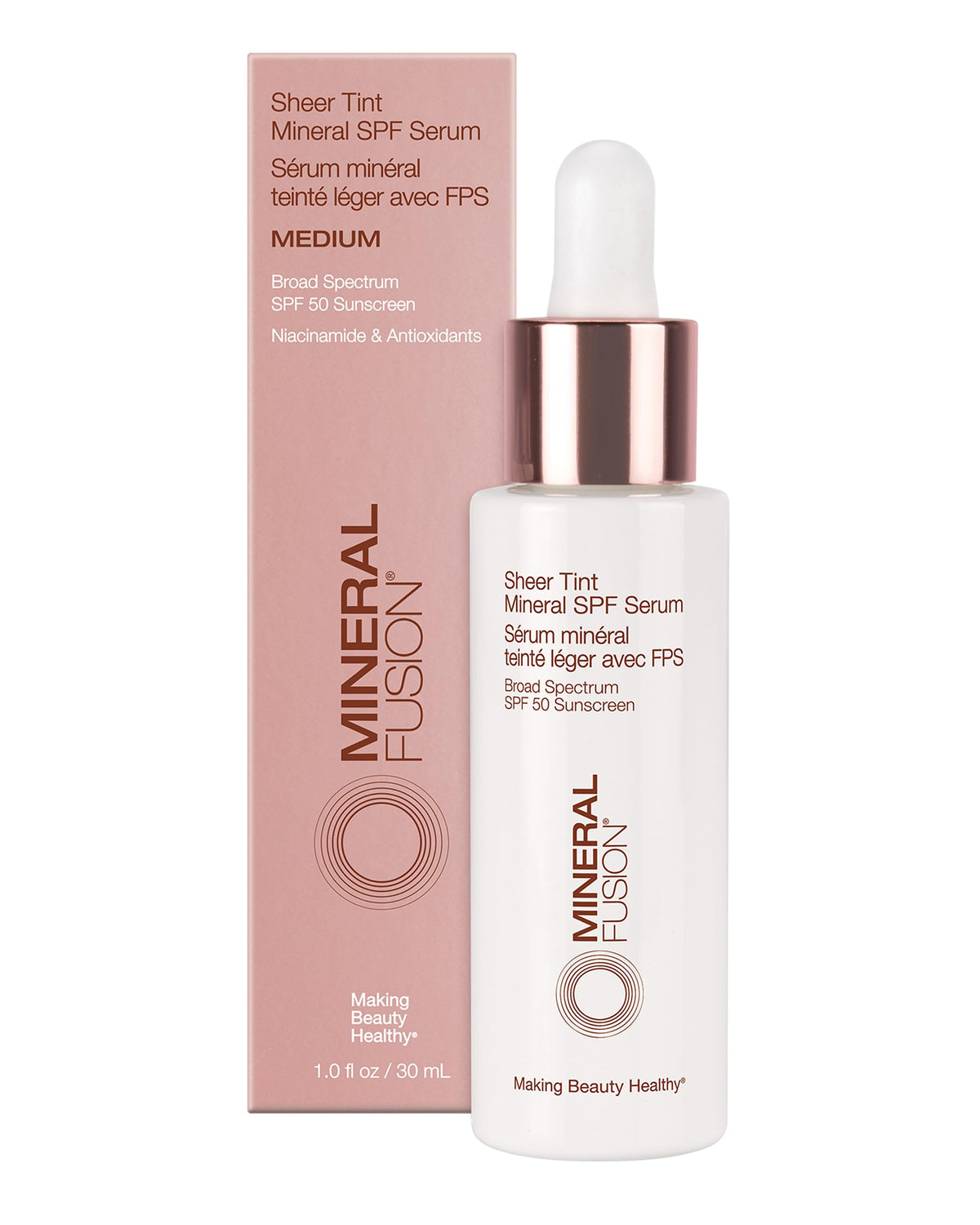 Mineral Fusion Sheer Tint SPF Serum bottle shows medium shade with lightweight protection