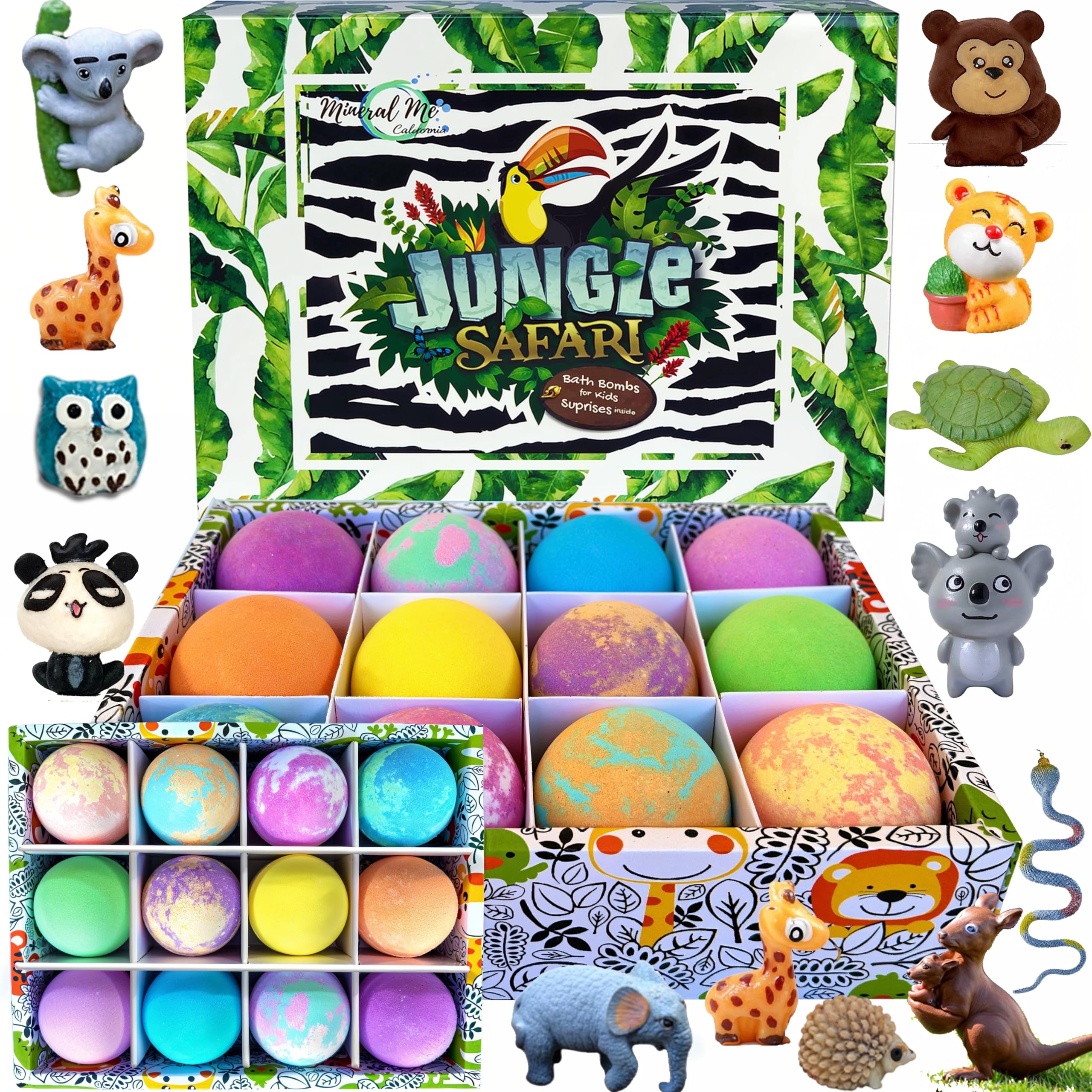 Mineral Me California bath bombs with animal toys inside for exciting bath time.