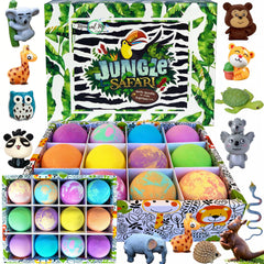 Mineral Me California bath bombs with animal toys inside for exciting bath time.