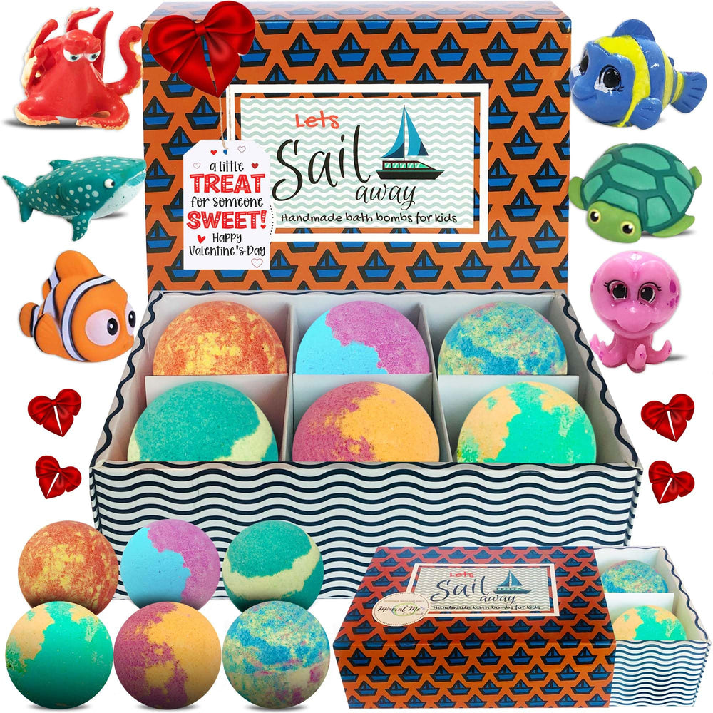 Mineral Me California bath bombs for kids with surprise toy inside in a six-pack.