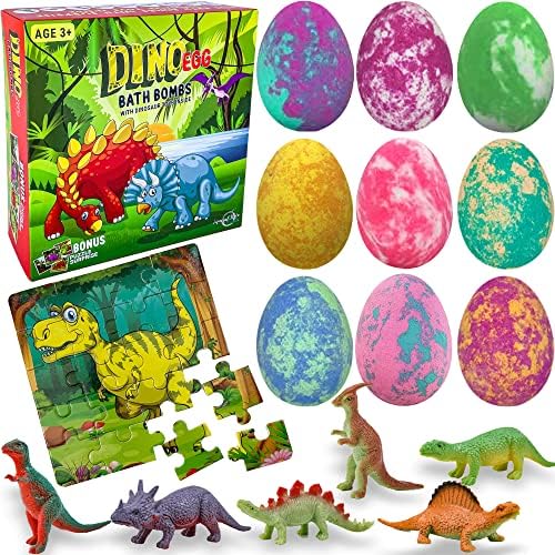 Mineral Me California bath bombs with dinosaur eggs in colorful packaging for kids.