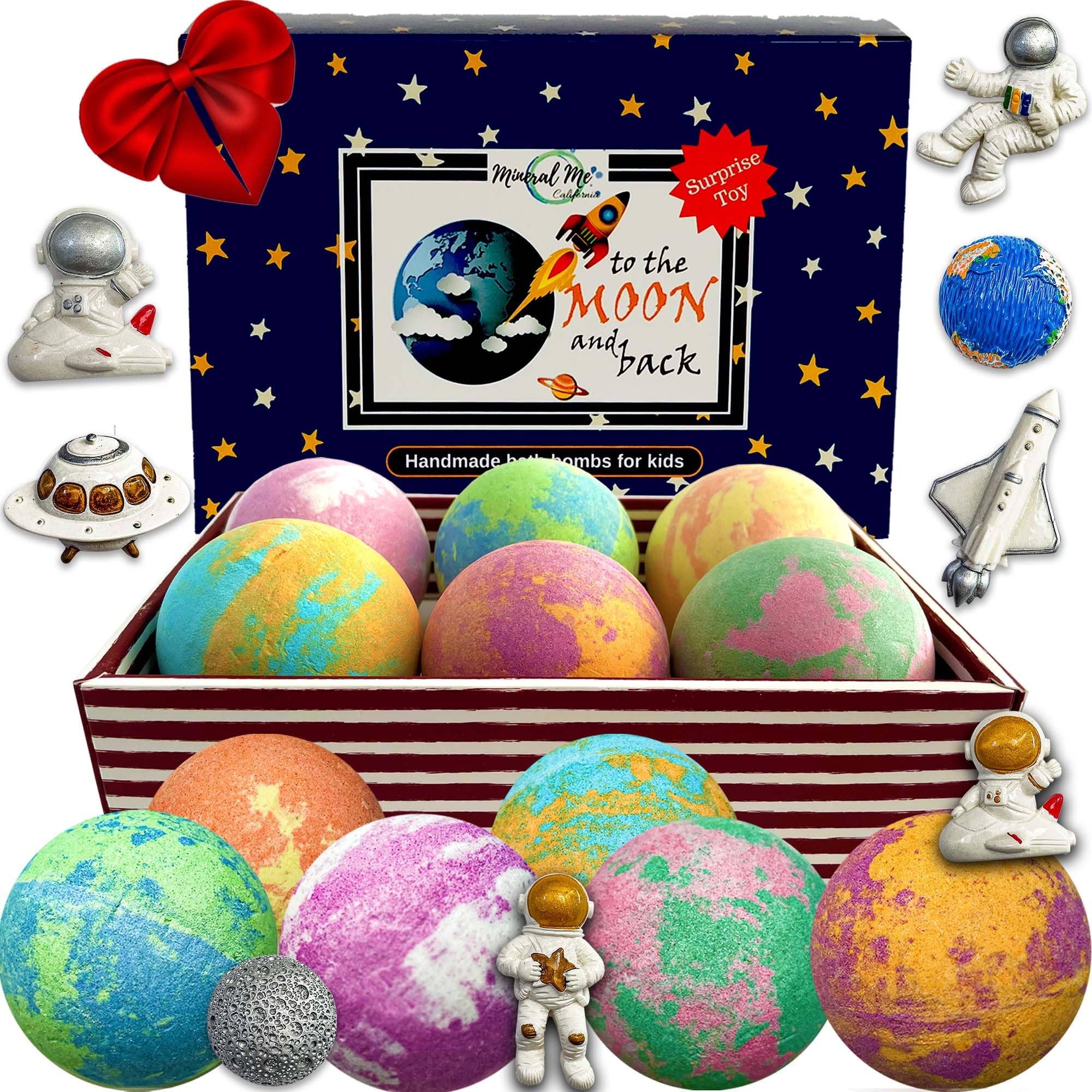 Mineral Me California Galaxy bath bomb with 3D astronauts for engaging bath time.