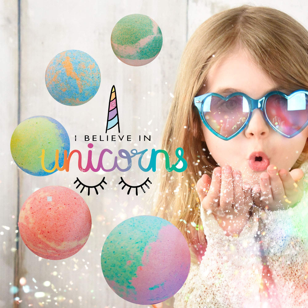 Gift-ready Mineral Me California unicorn bombs ideal for girls' presents.