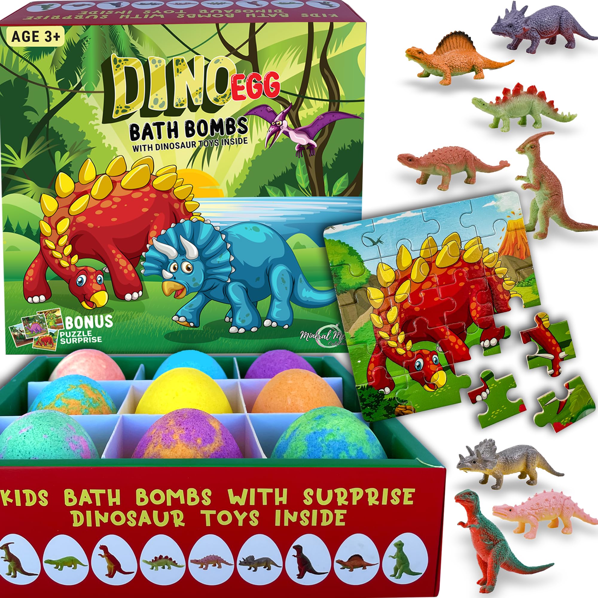 Packaging for Mineral Me California dino egg bath bombs promotes kid-friendly bath time.