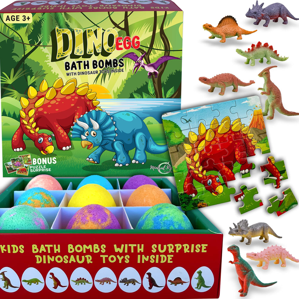 Packaging for Mineral Me California dino egg bath bombs promotes kid-friendly bath time.