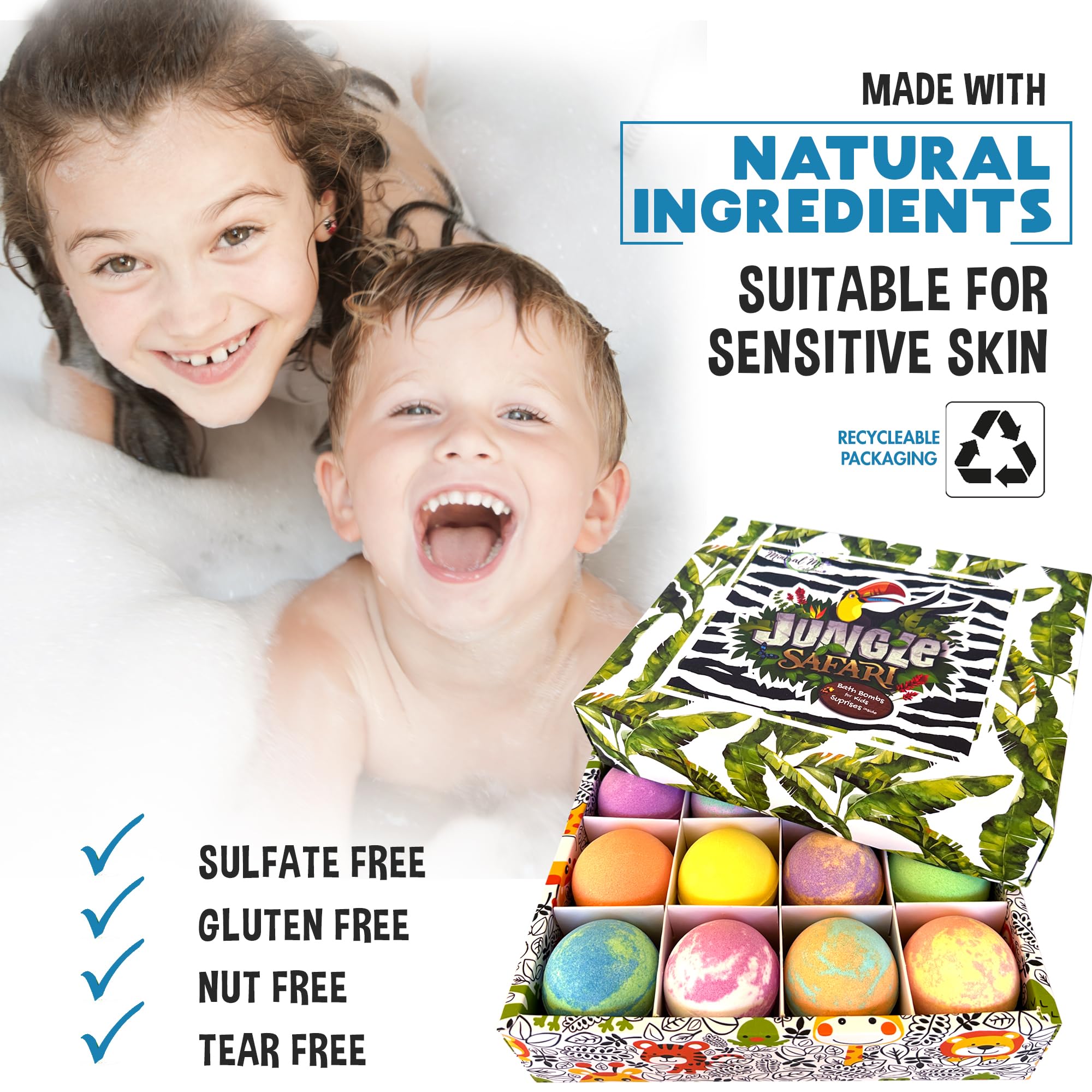 Animal toy reveals inside Mineral Me California bath bombs as fizz ends.