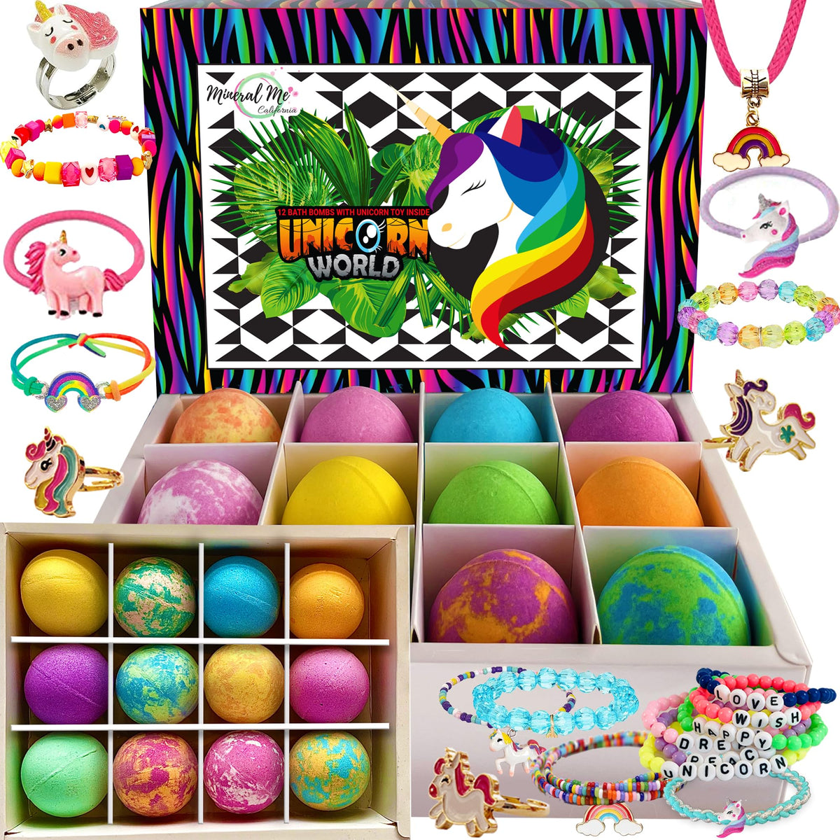 Mineral Me California unicorn bath bombs packaging, gift-ready presentation