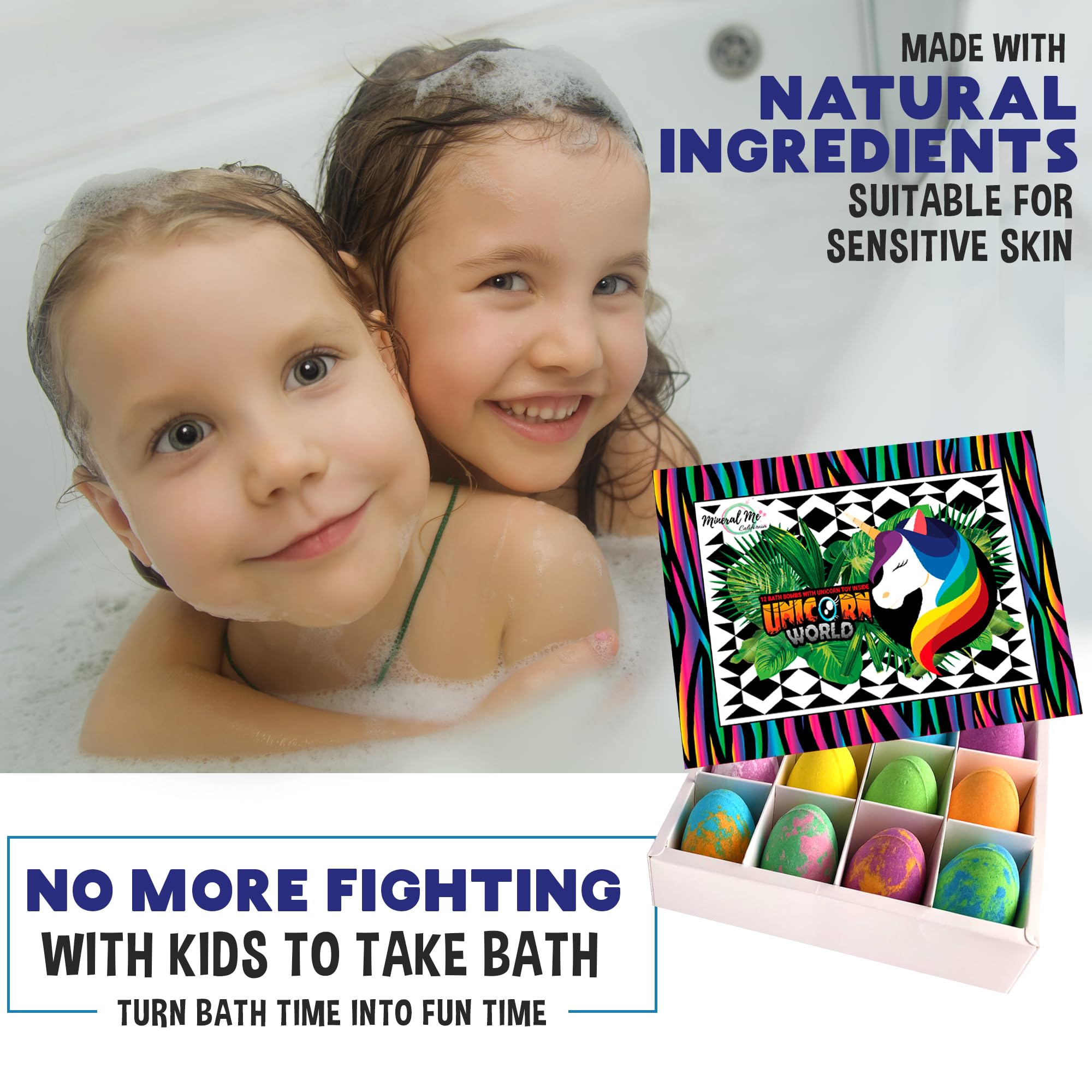 Tear-free Mineral Me California unicorn bath bombs for a gentle bath