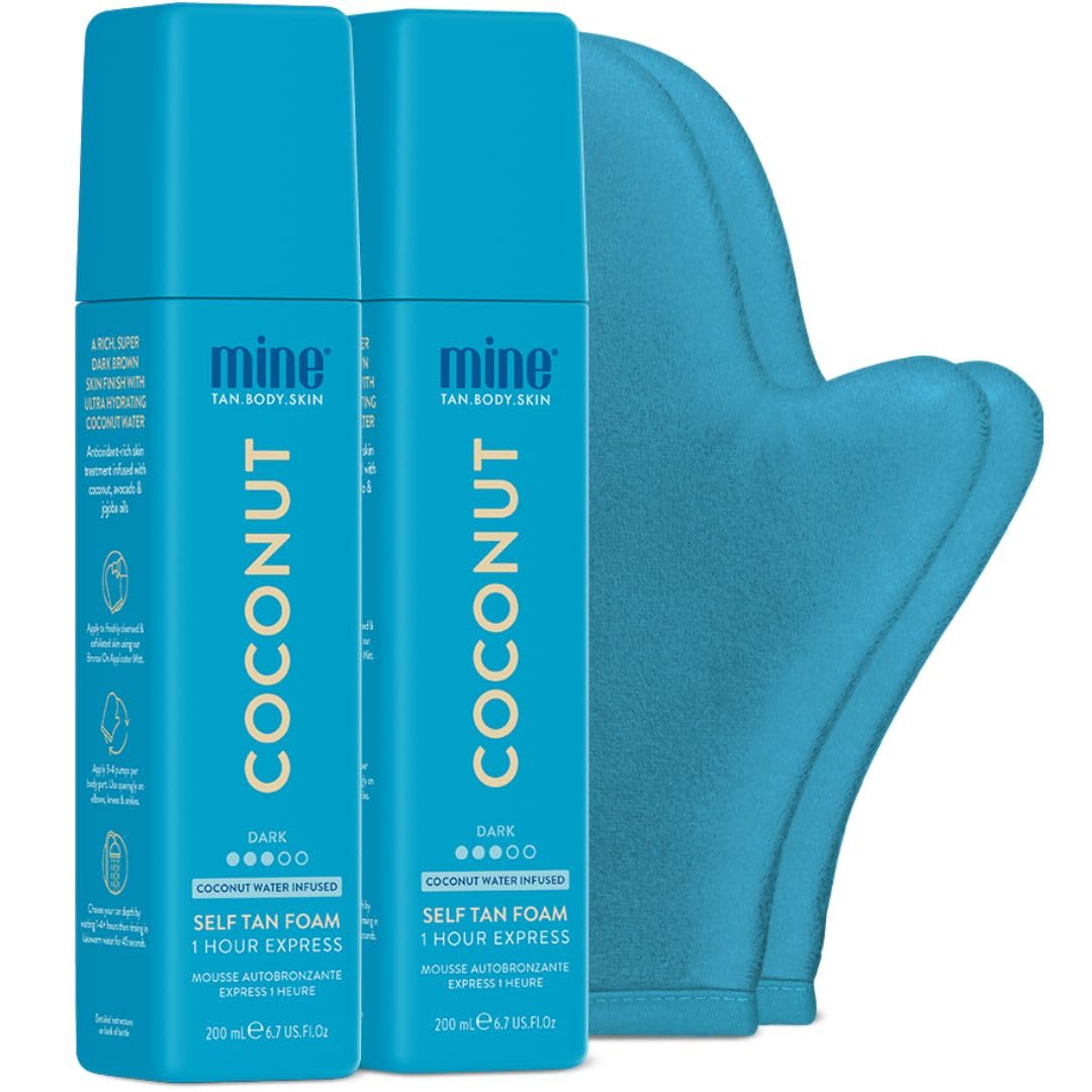 MINETAN BODY.SKIN coconut duo self-tan foam bottles for a natural, long-lasting bronze finish.