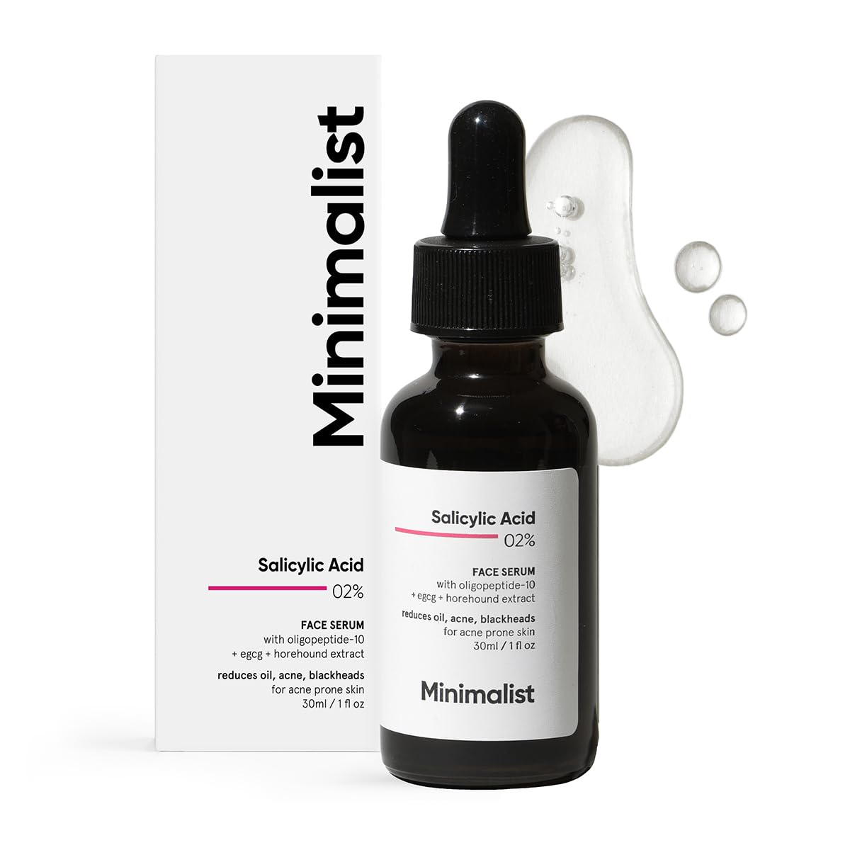 Minimalist 2 percent salicylic acid serum bottle showing a clear pore refining action for clearer pores and balanced oil.