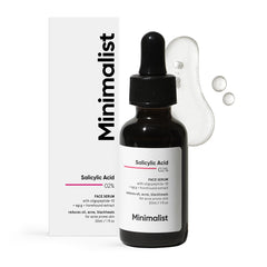 Minimalist 2 percent salicylic acid serum bottle showing a clear pore refining action for clearer pores and balanced oil.