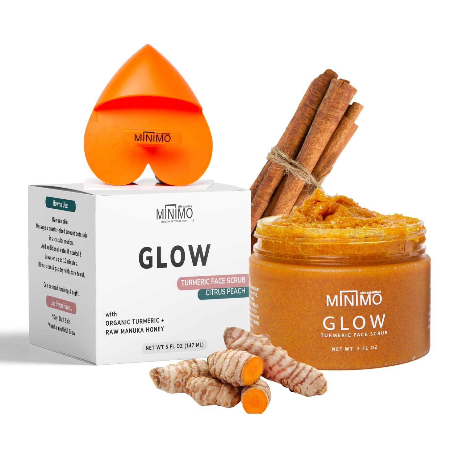 Minimo Glow Citrus Peach Face Scrub jar showing texture for a radiant, refreshed complexion