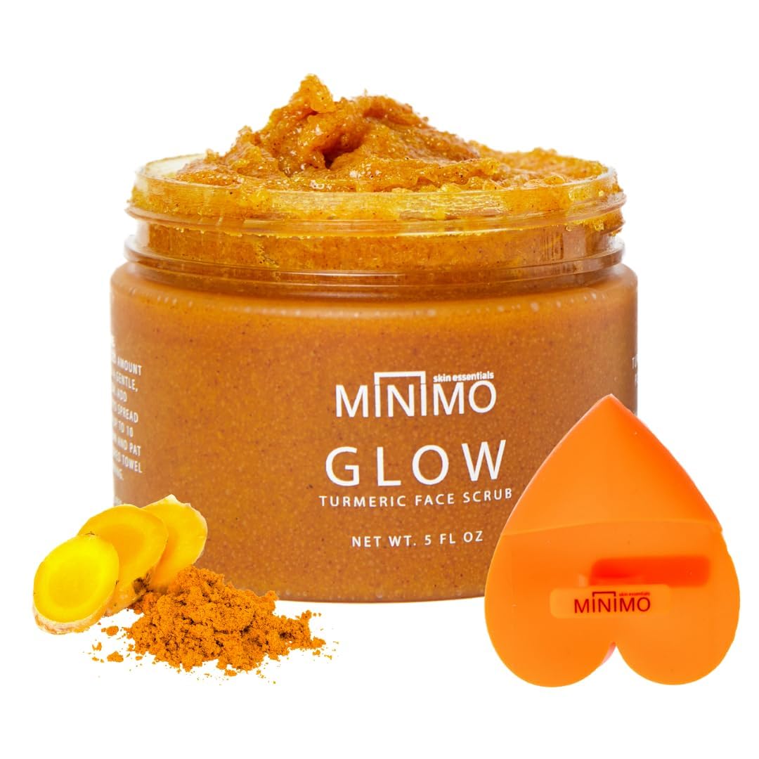 Minimo Glow Turmeric Face Scrub jar close-up showing creamy texture for gentle exfoliation