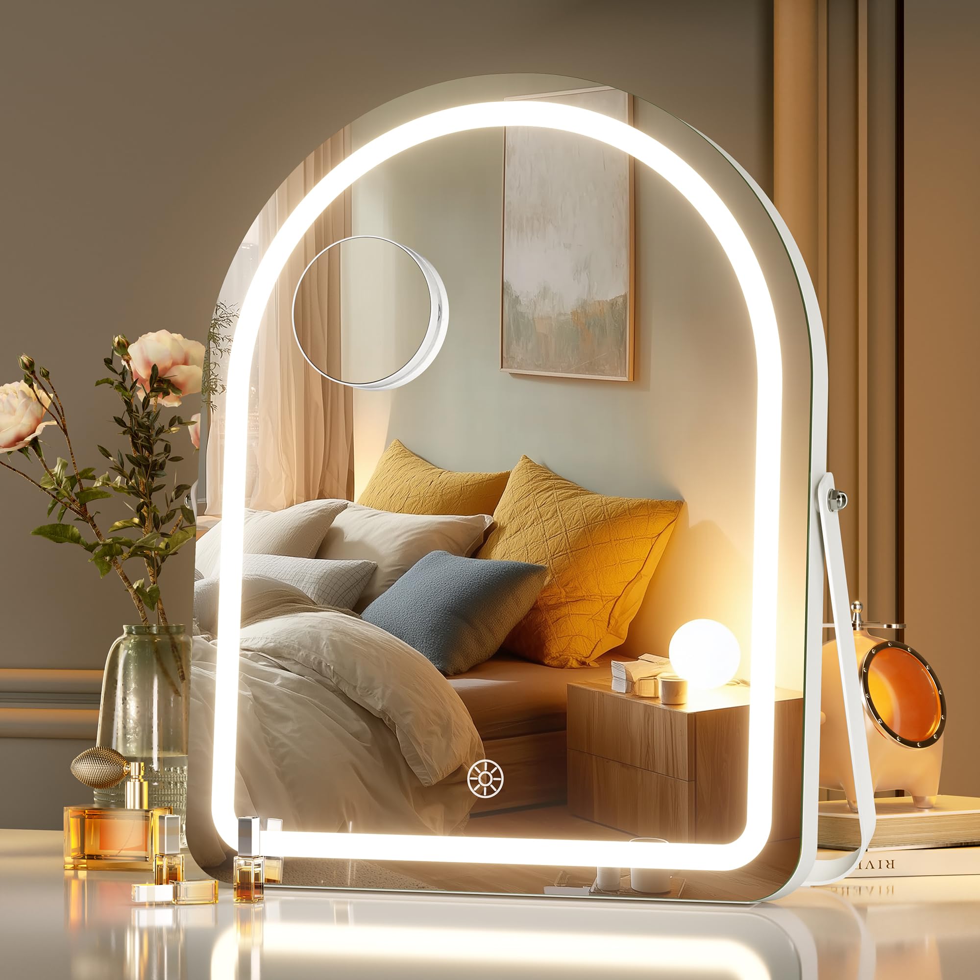 MINISO vanity mirror with arched frame for wide facial coverage.