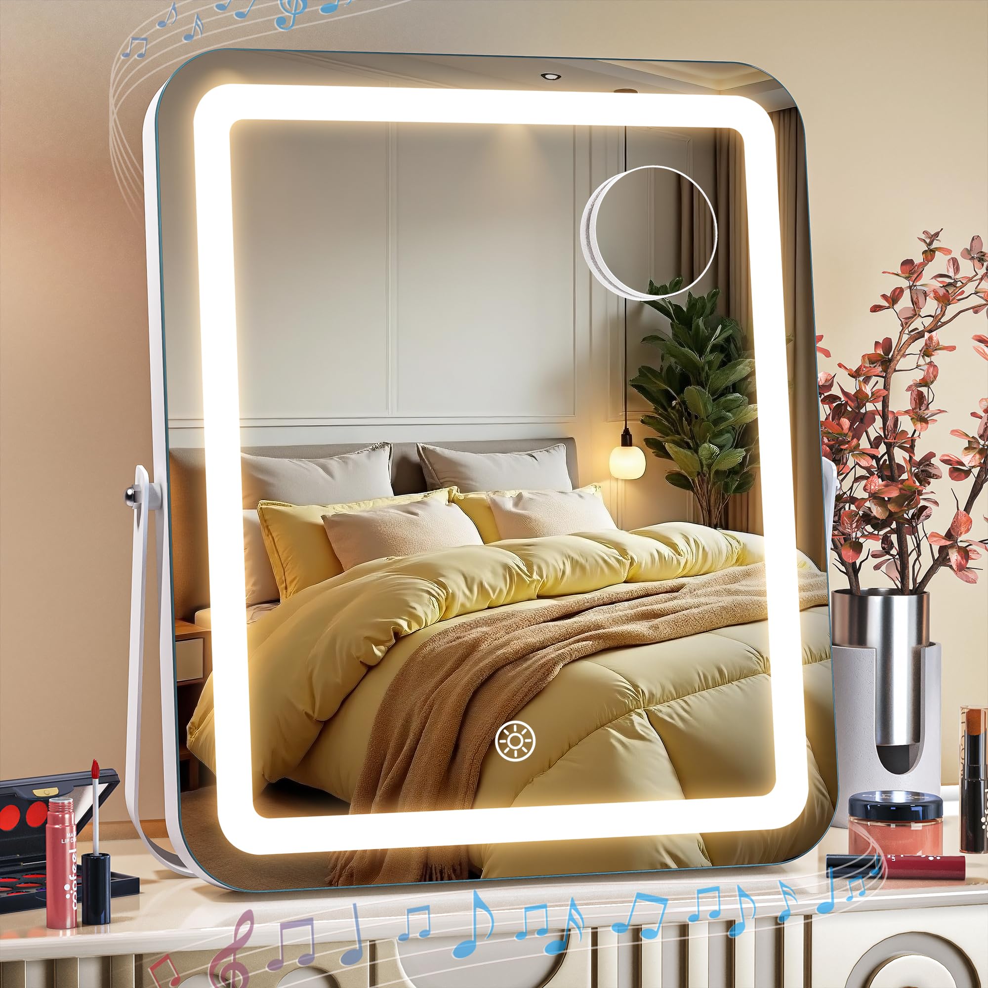 MINISO vanity mirror with Bluetooth speaker, front view and wireless audio ready for makeup sessions