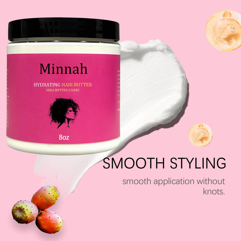 Minnah Hydrating Hair Butter jar back lists ingredients and usage tips for moisture and manageability.