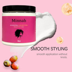 Minnah Hydrating Hair Butter jar back lists ingredients and usage tips for moisture and manageability.