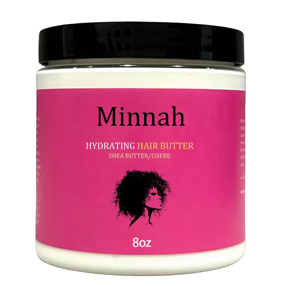 Minnah Hydrating Hair Butter jar front shows creamy texture for lasting moisture.