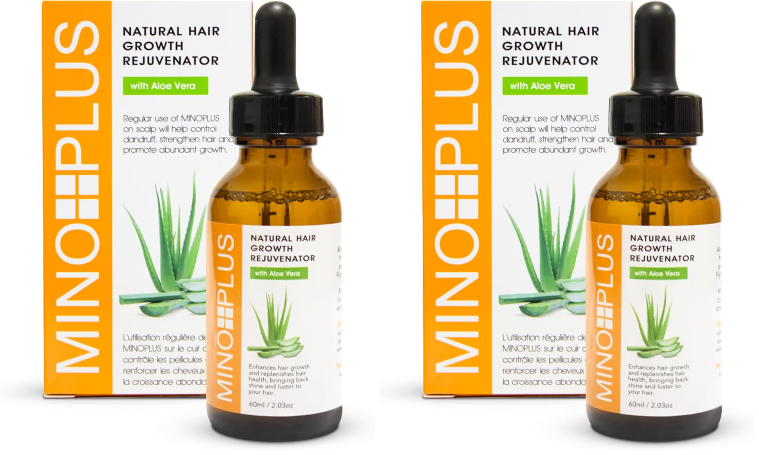 MINO PLUS natural hair growth serum bottle promotes fuller hair with aloe-based formula