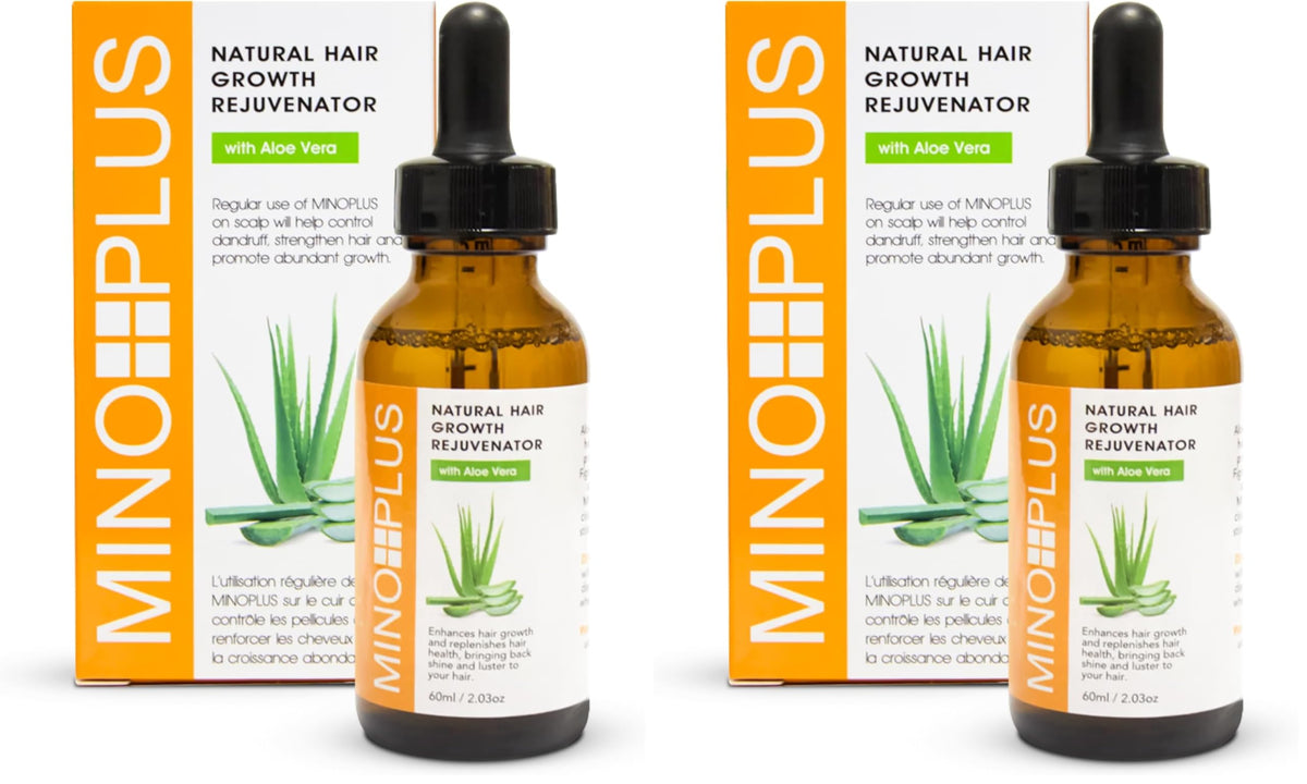 MINO PLUS natural hair growth serum bottle promotes fuller hair with aloe-based formula