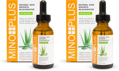 MINO PLUS natural hair growth serum bottle promotes fuller hair with aloe-based formula