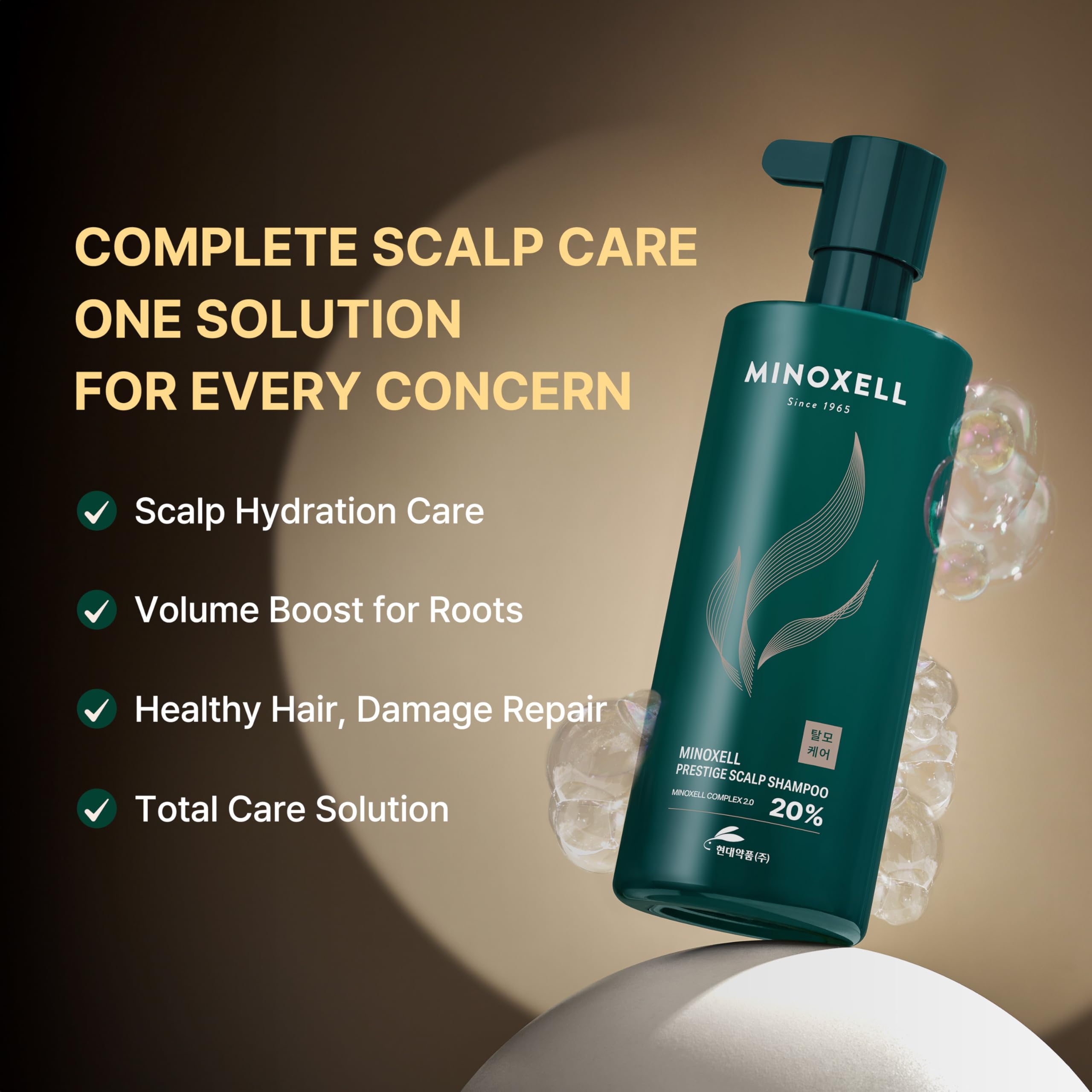 Closeup of MINOXELL Prestige Shampoo label highlighting premium formula