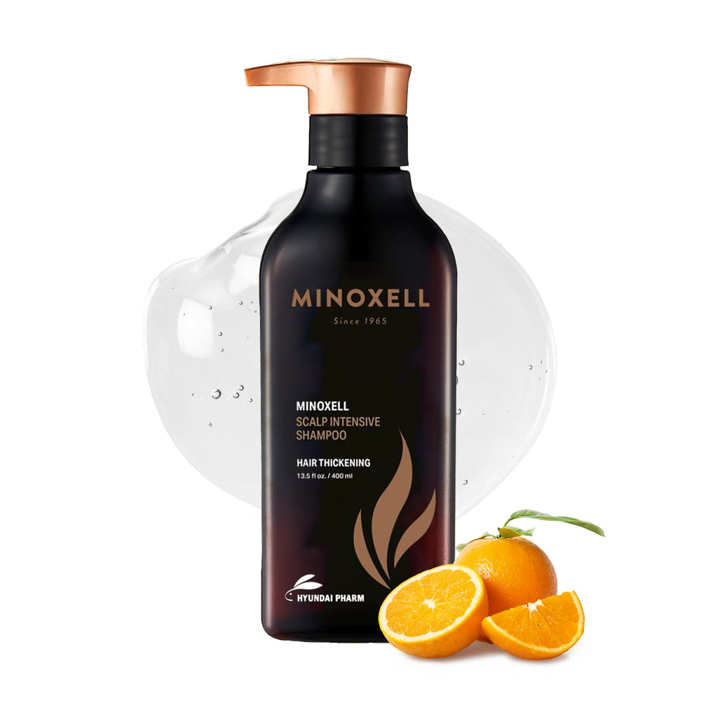 MINOXELL Scalp Intensive Shampoo bottle with biotin for fuller-looking hair.