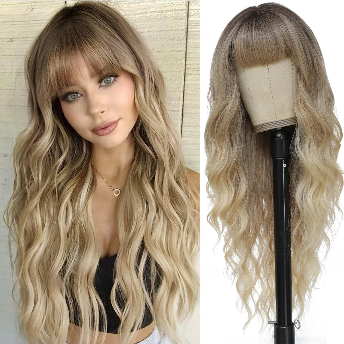 MINSEEYOO Ombre Blonde Wig with Bangs shows face-framing length for everyday style.