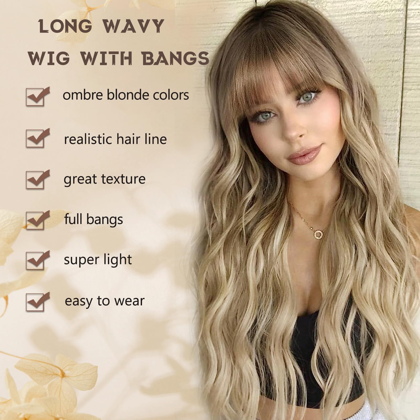 MINSEEYOO Ombre Blonde Wig with Bangs highlights soft-density hair for natural movement.