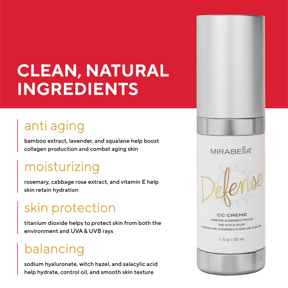 Mirabella Defense CC Creme blends into skin for a seamless matte look.