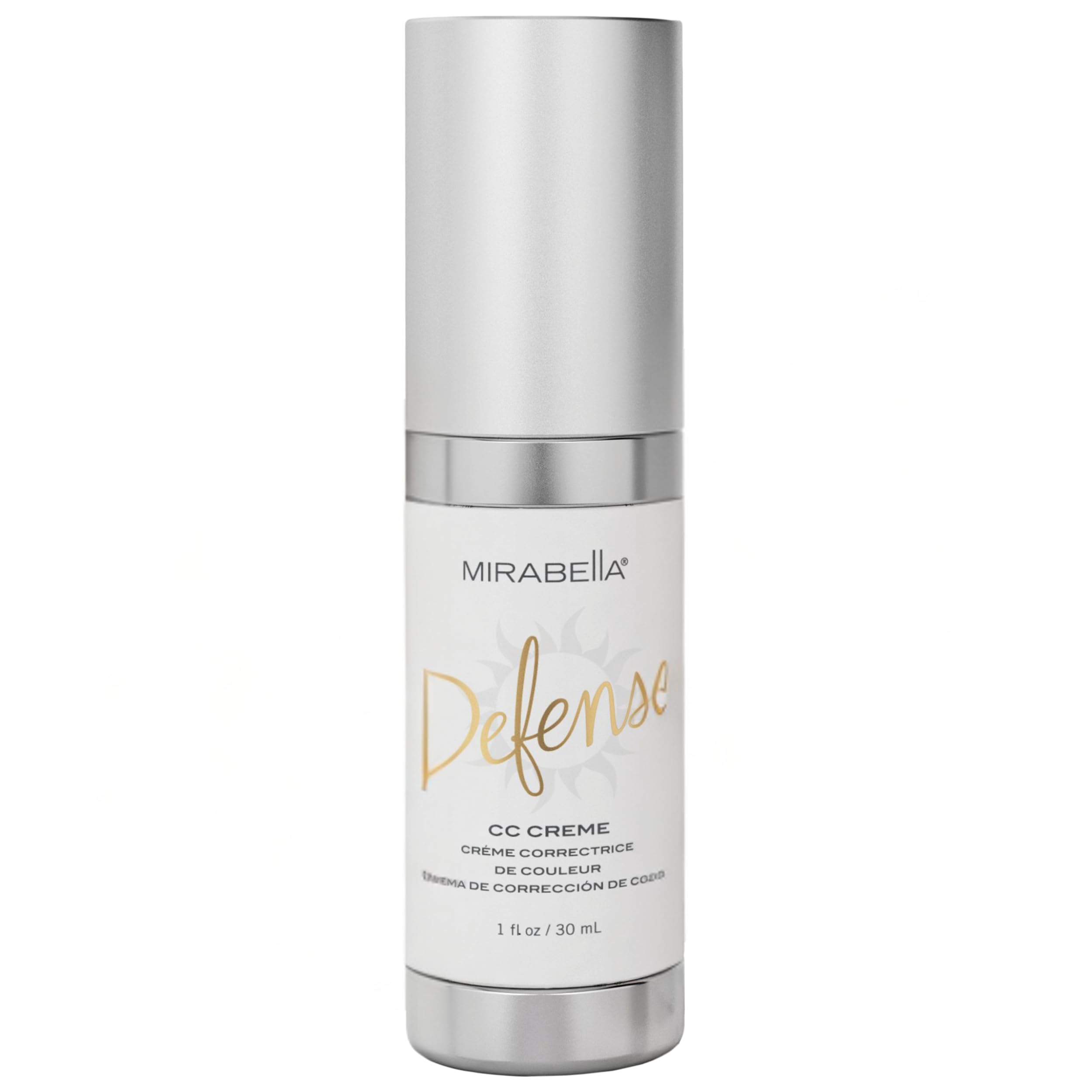 Mirabella Defense CC Creme bottle pour showing lightweight coverage for a natural look