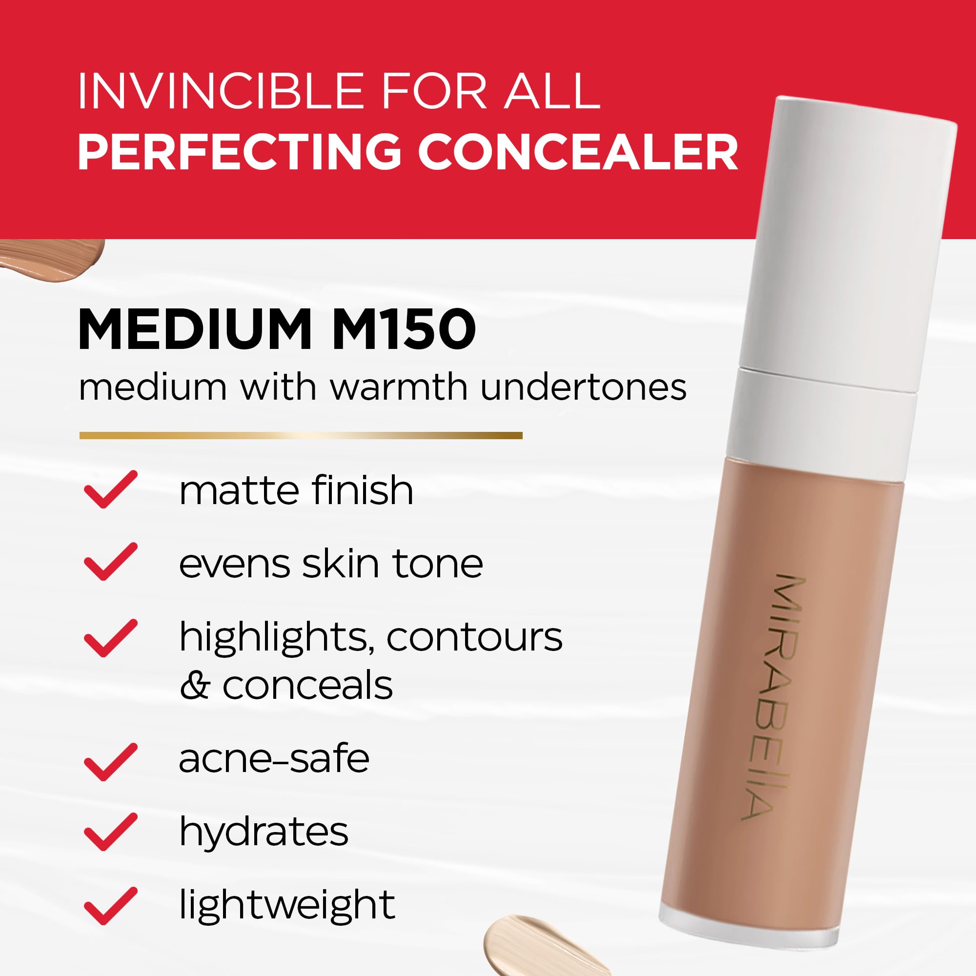 Creamy texture swatch of Mirabella Invincible concealer showing smooth, hydrating blend.
