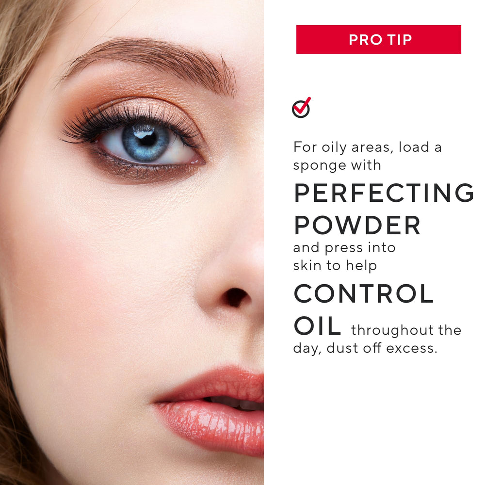 Mirabella Perfecting Loose Powder oil-absorption close-up demonstrates shine control.
