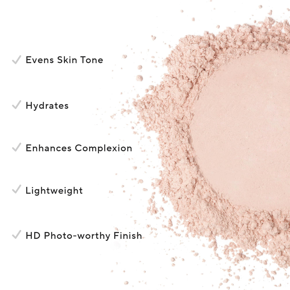 Mirabella Pure Press Foundation texture close-up showing mineral coverage