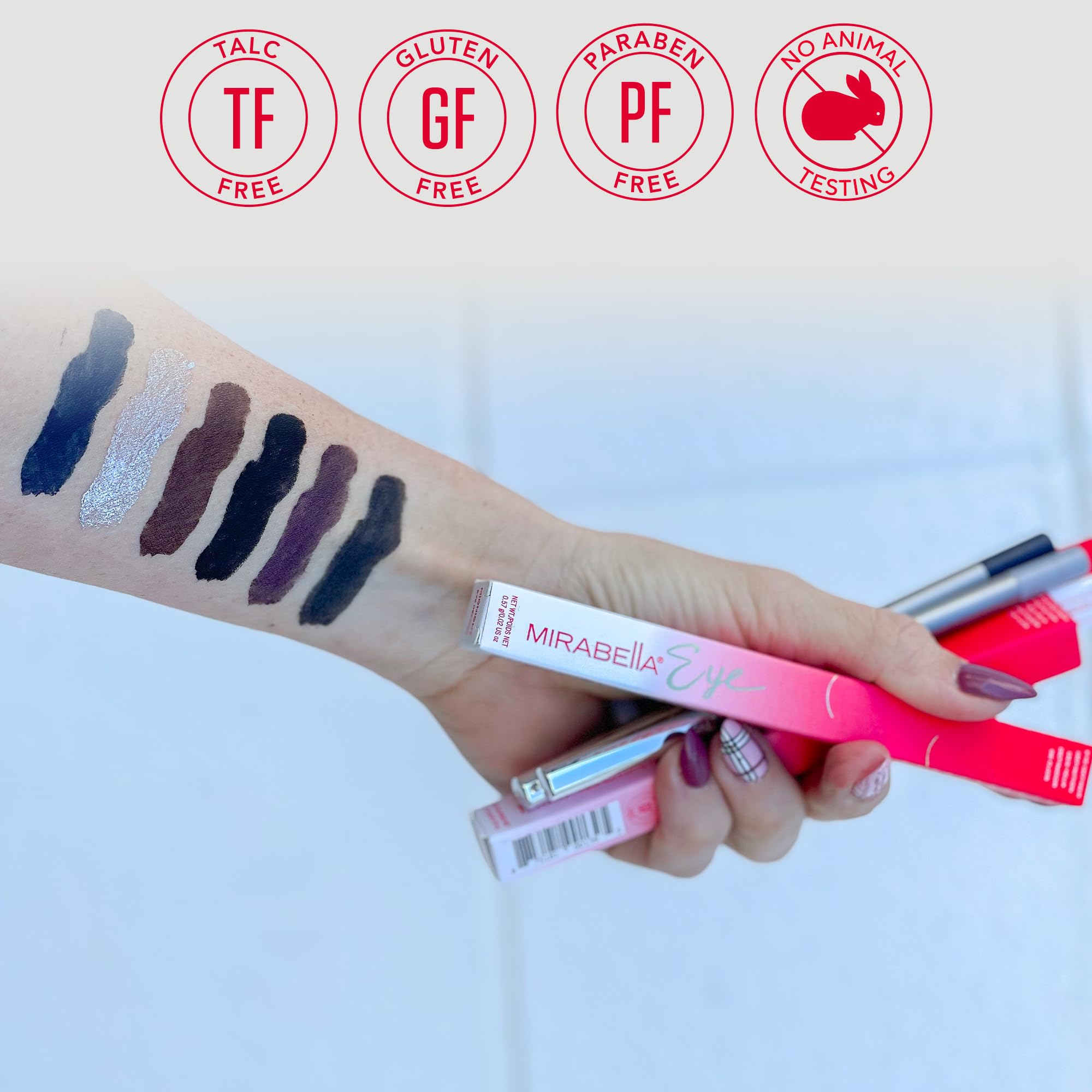 Mirabella foil eye definer swatches richly for bold one-stroke color.